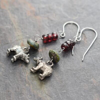 silver 3d bears and gemstone long dangle earrings