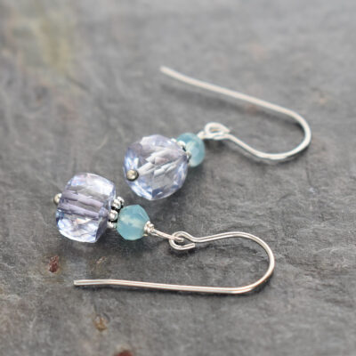 Blue chalcedony and quartz cube gemstone earrings