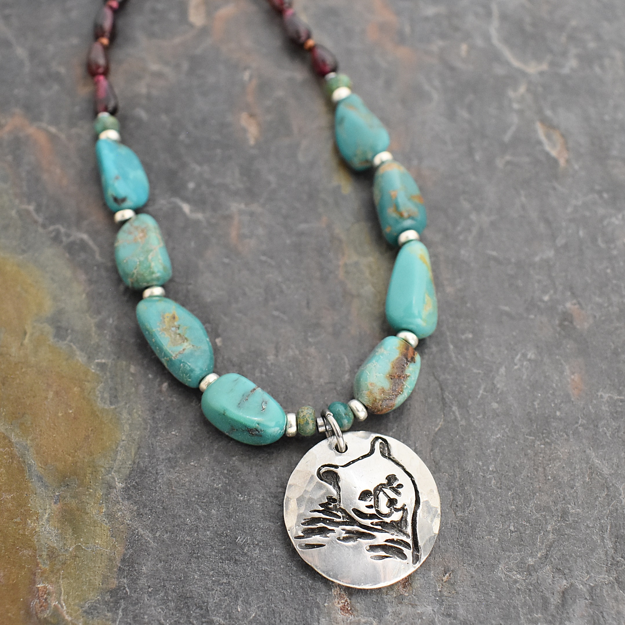 Beaded garnet, turquoise black bear necklace (1)