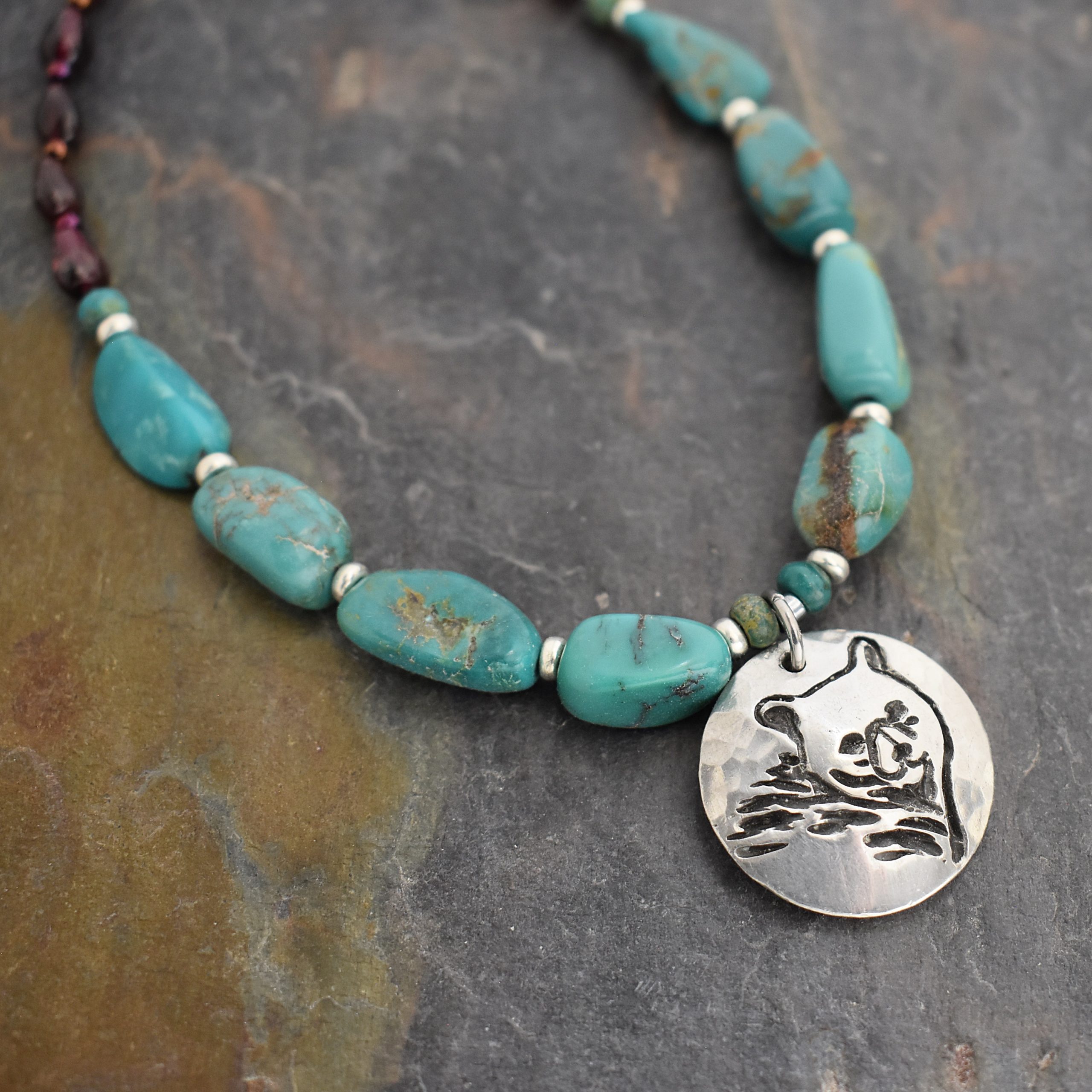 Beaded garnet, turquoise black bear necklace (2)