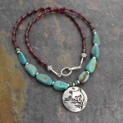 Beaded garnet, turquoise black bear necklace (4) Beaded garnet, turquoise black bear necklace (4)