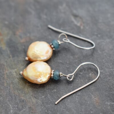 Teal jade and peach coin pearl earrings (3) Teal jade and peach coin pearl earrings (3)