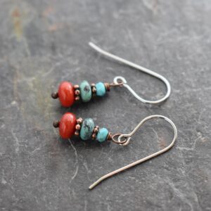 Turquoise and Red Coral Earrings