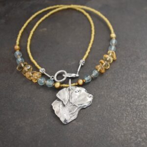 beaded gemstone with silver Labrador dog head necklace