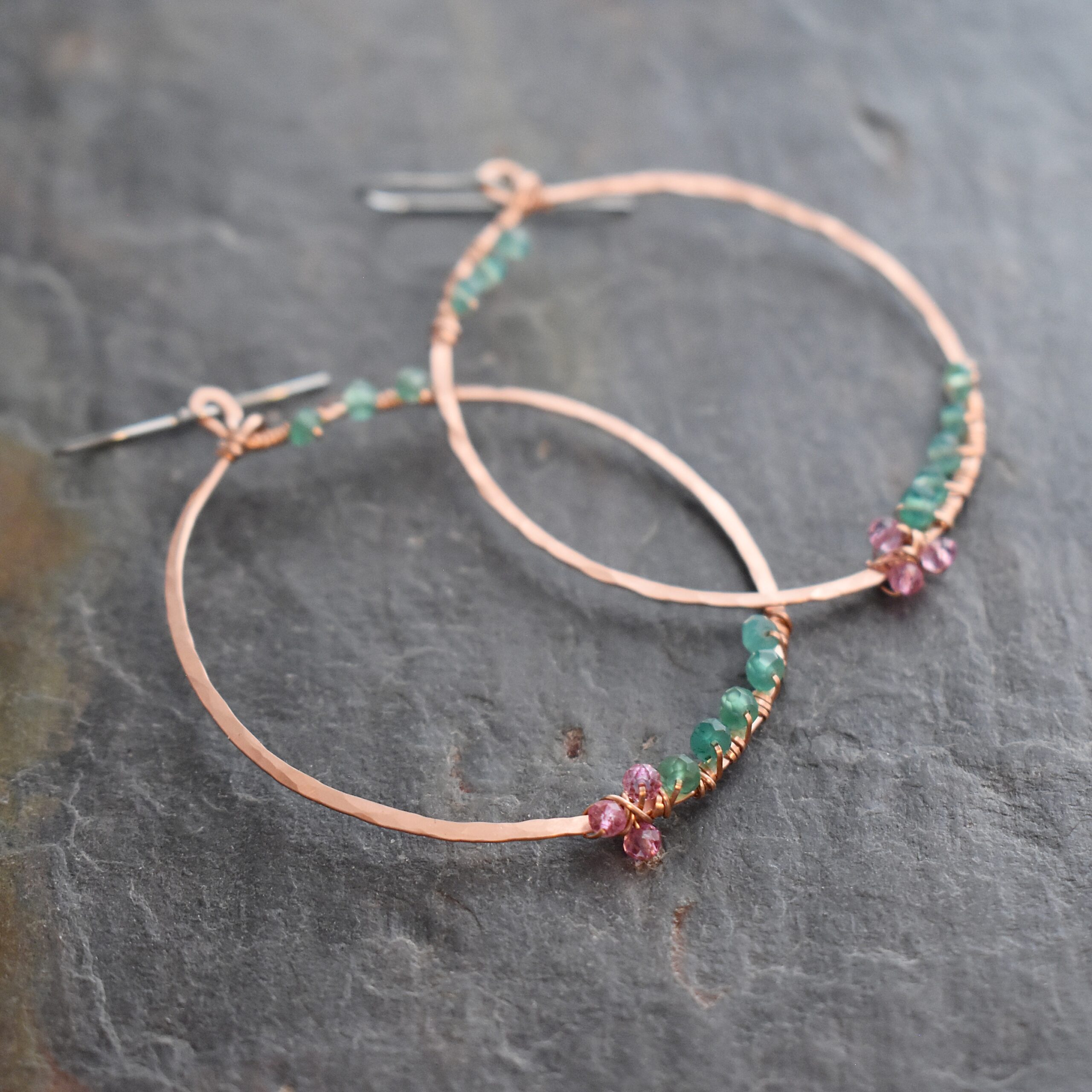 Big Copper loops with pink and green quartz earrings 512025 (1)