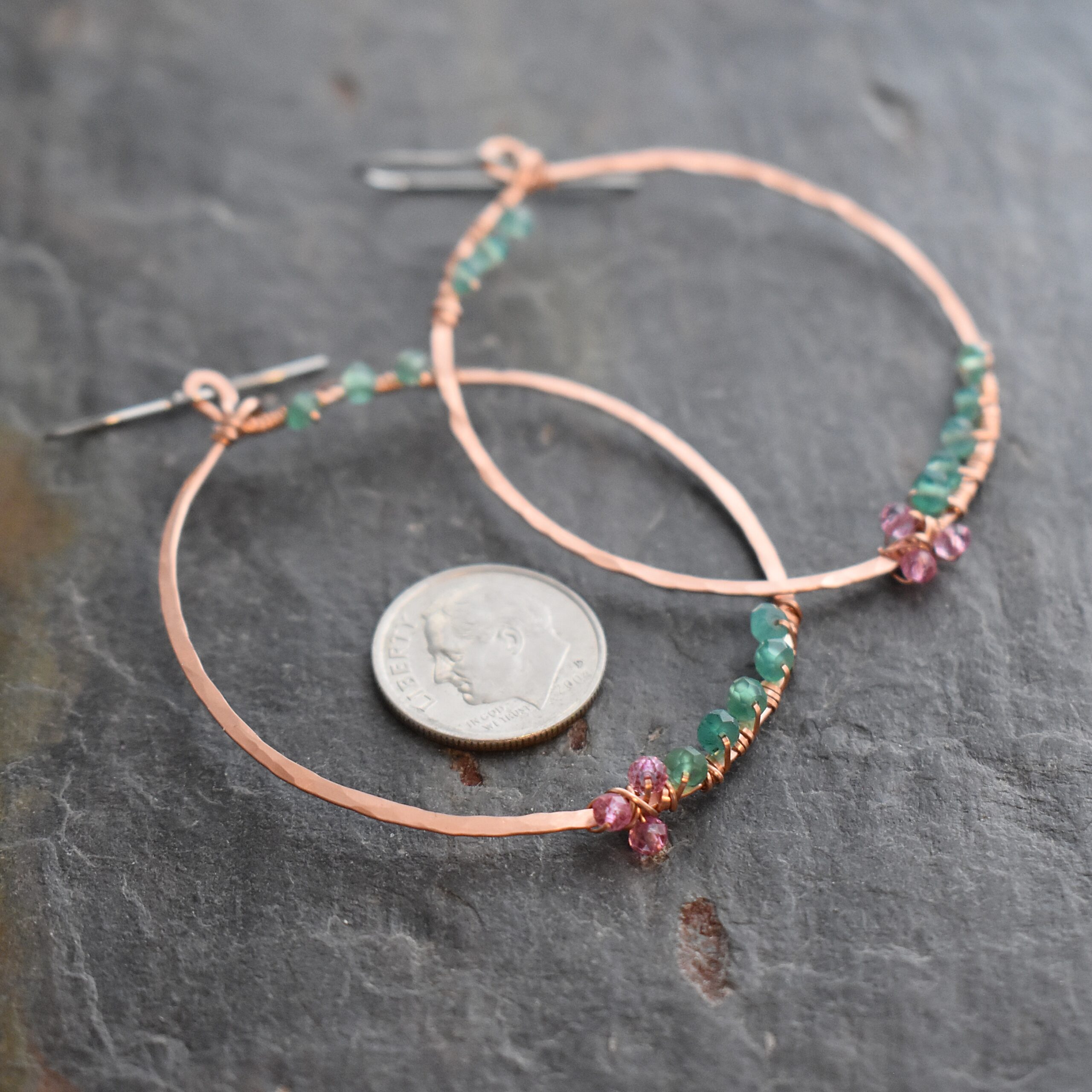 Big Copper loops with pink and green quartz earrings 512025 (2)