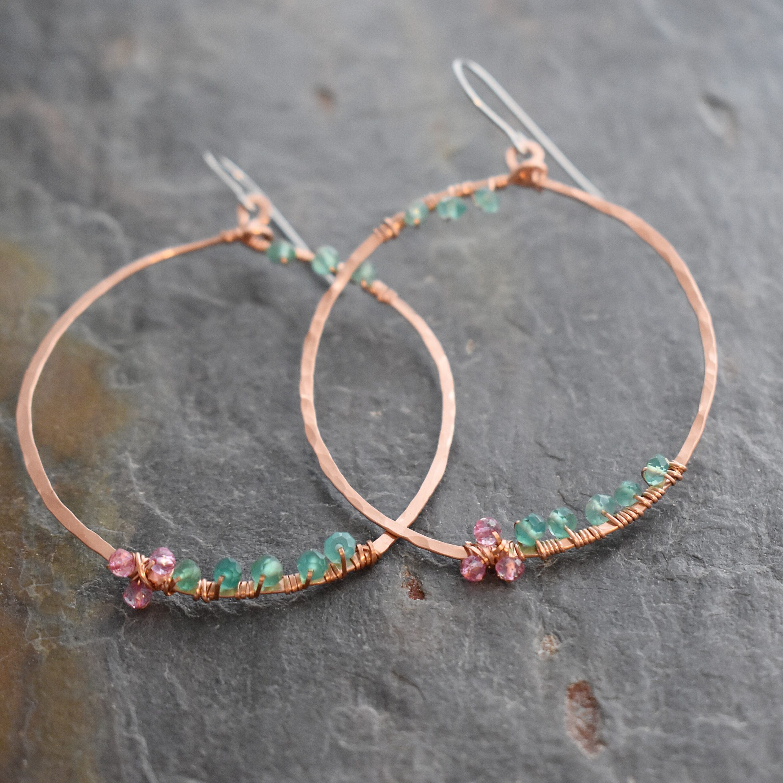 Big Copper loops with pink and green quartz earrings 512025 (3)