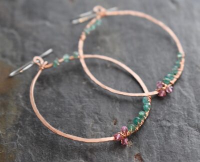 Big Copper loops with pink and green quartz earrings 512025 (4)