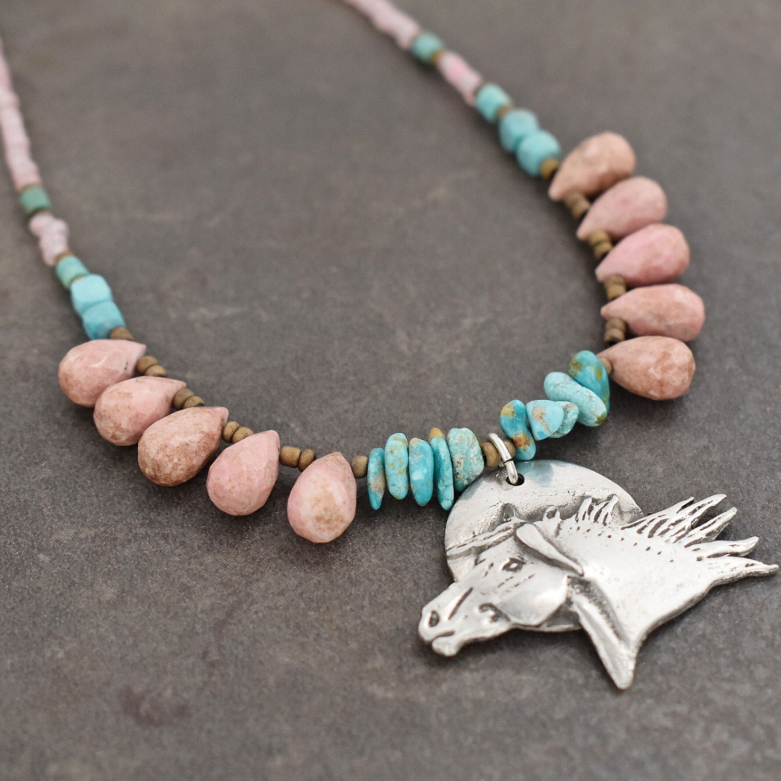 Beaded Rhodochrosite wild horse necklace (2)