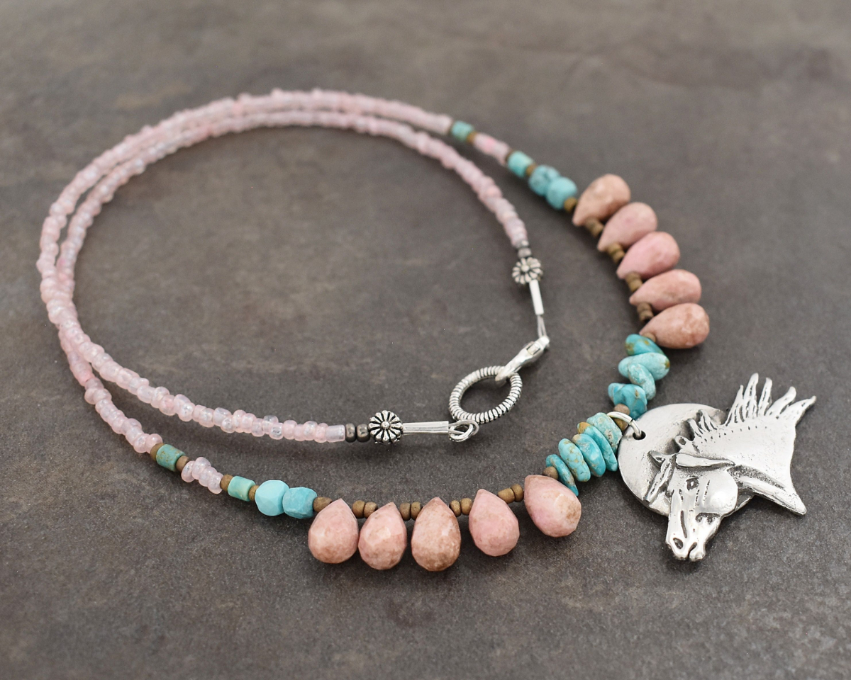 Beaded Rhodochrosite wild horse necklace (5)