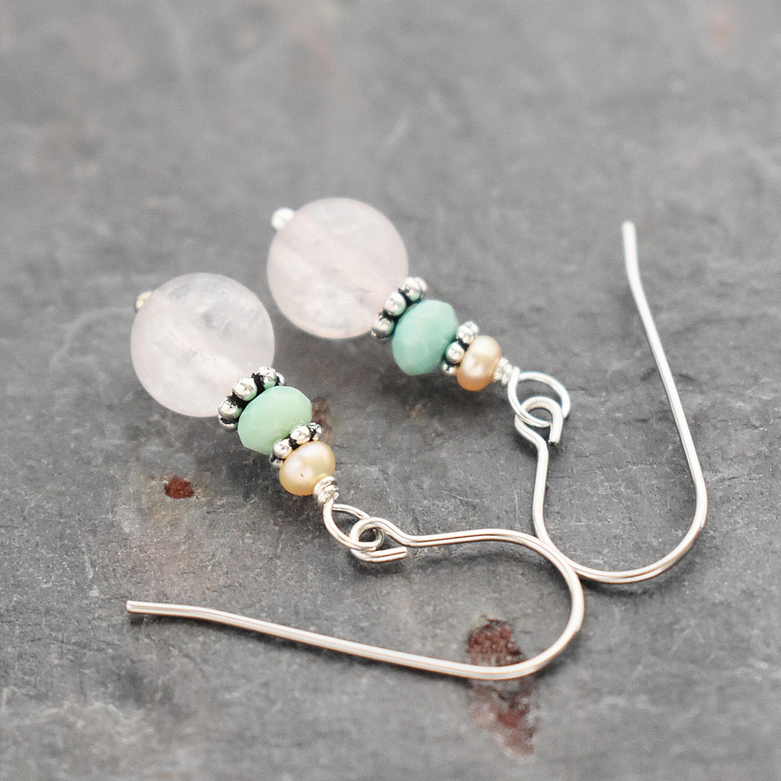 Pearl, Chrysoprase, Rose Quartz earrings (2)