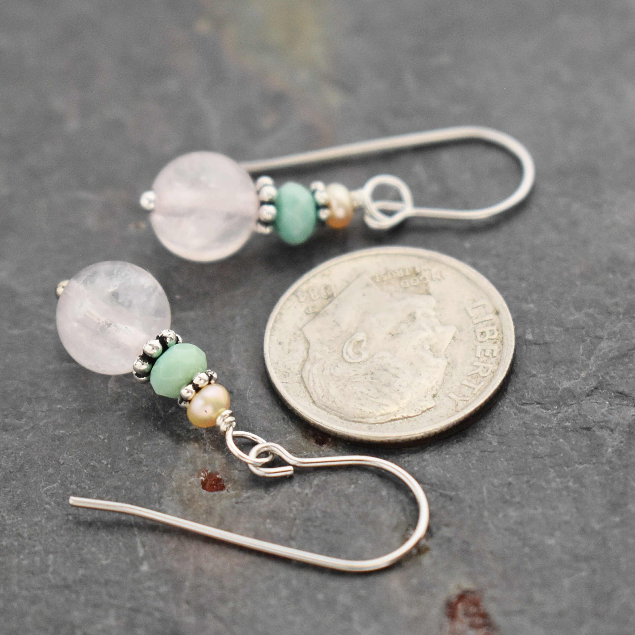 Pearl, Chrysoprase, Rose Quartz earrings (3)