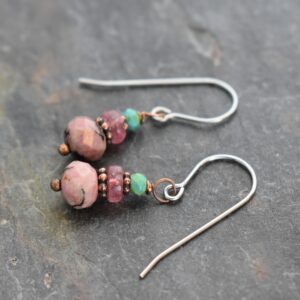 Turquoise, Pink Tourmaline, Rhodonite Earrings