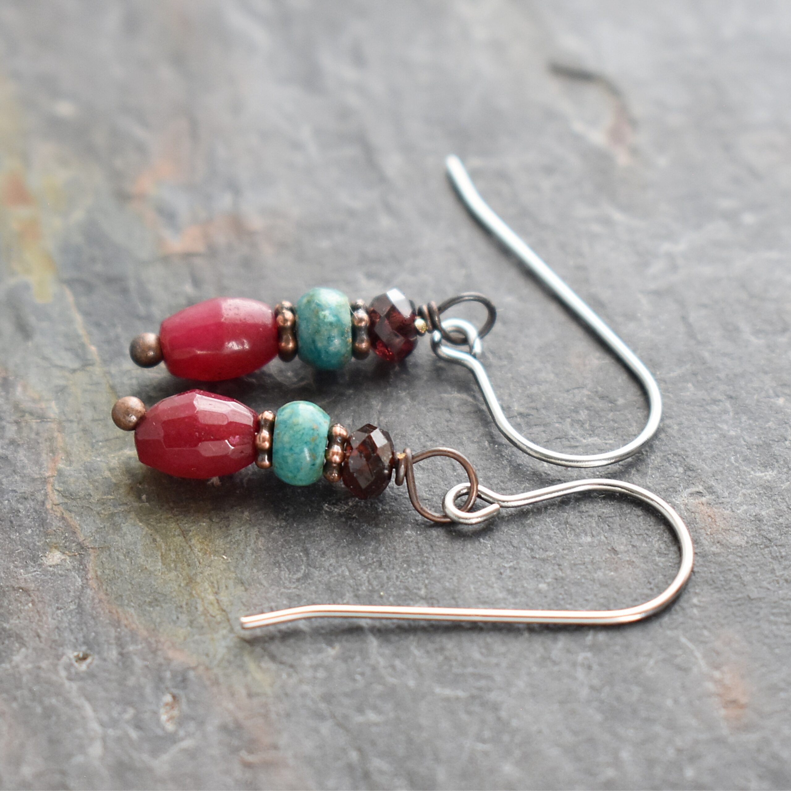 Garnet, Turquoise, Ruby Jade Earrings