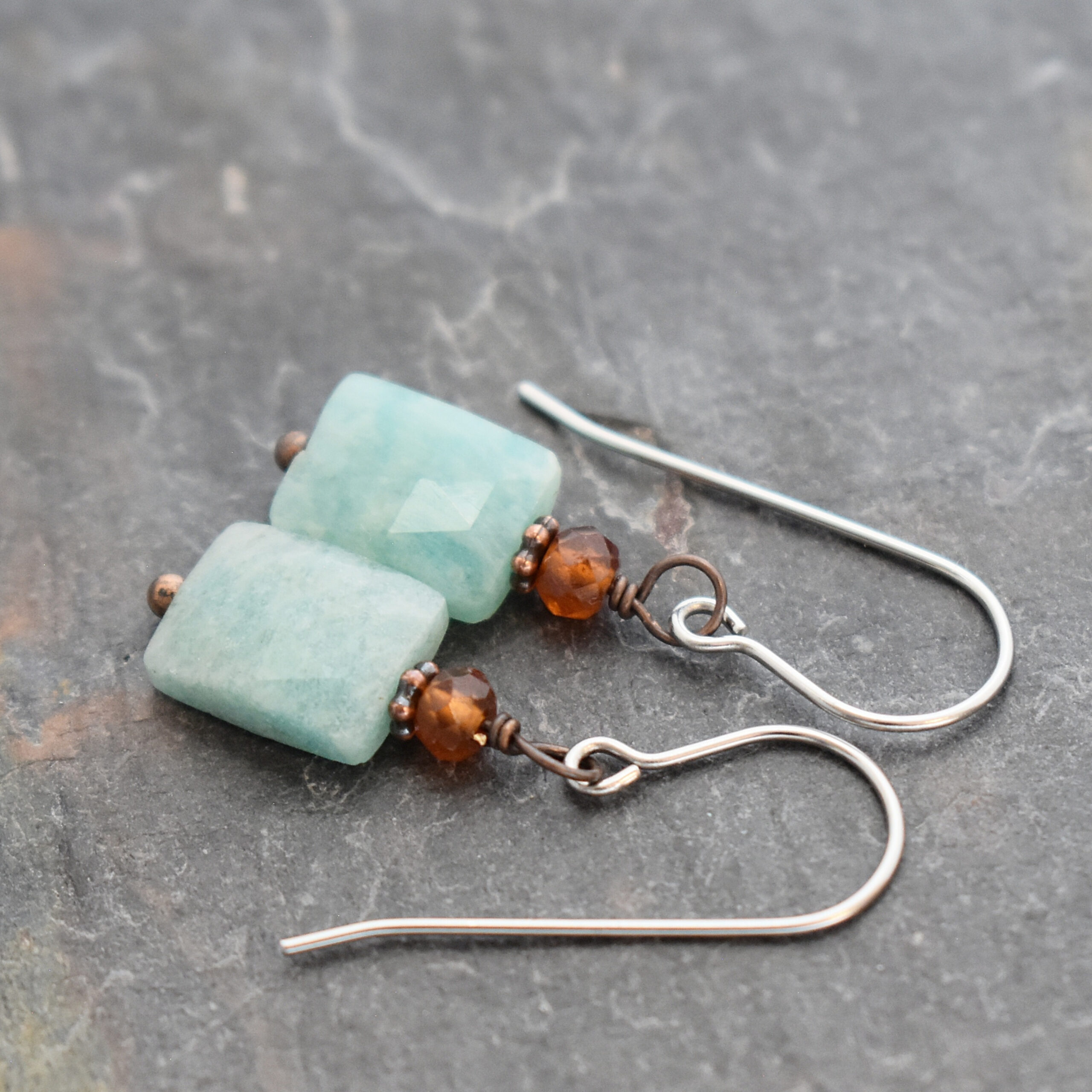 Hessonite garnet, amazonite earrings
