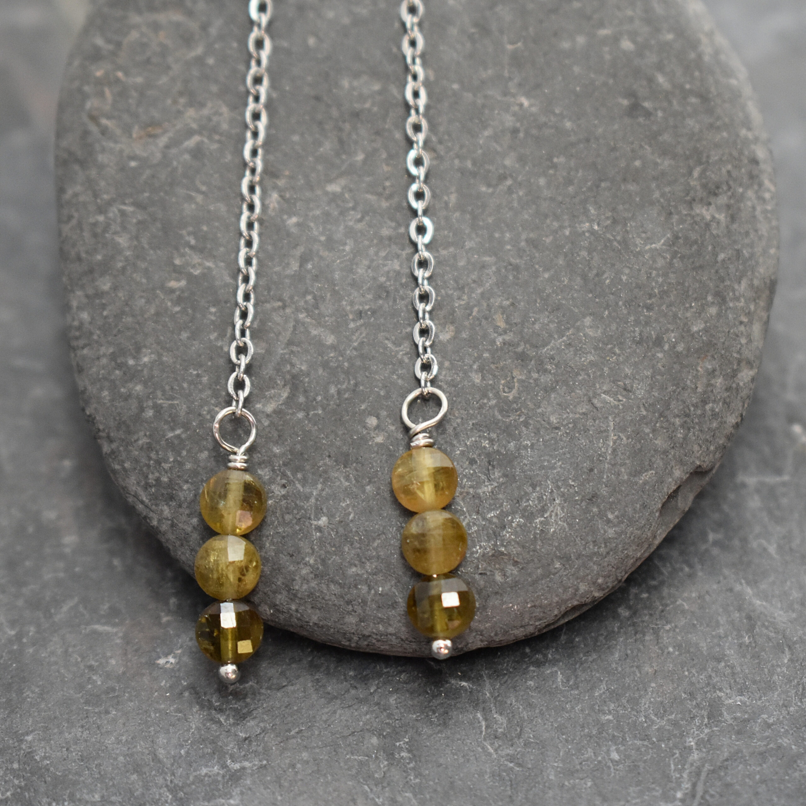 Long chain olive green tourmaline earrings (2)