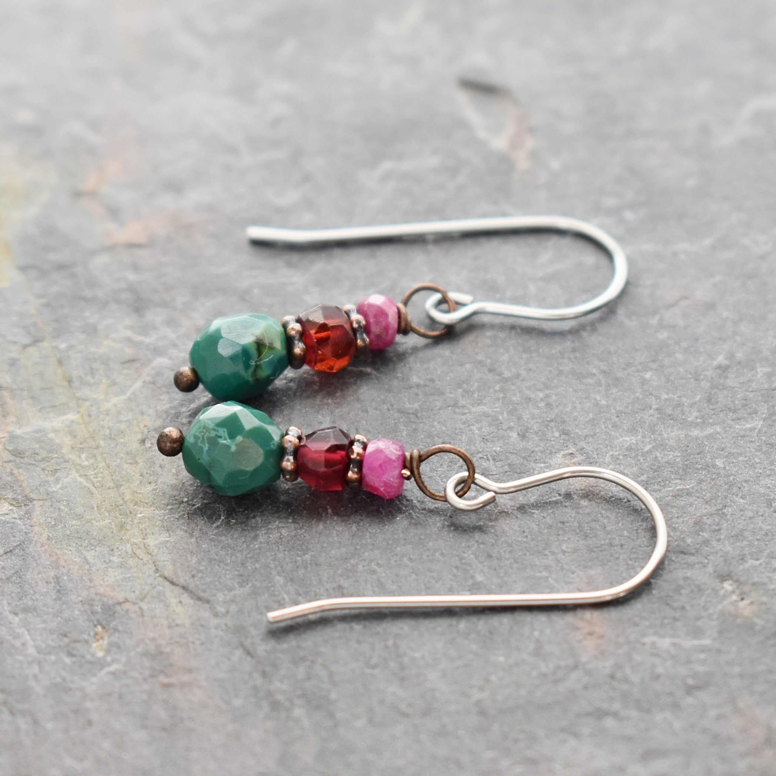 Natral ruby, garnet, turquoise earrings (2)