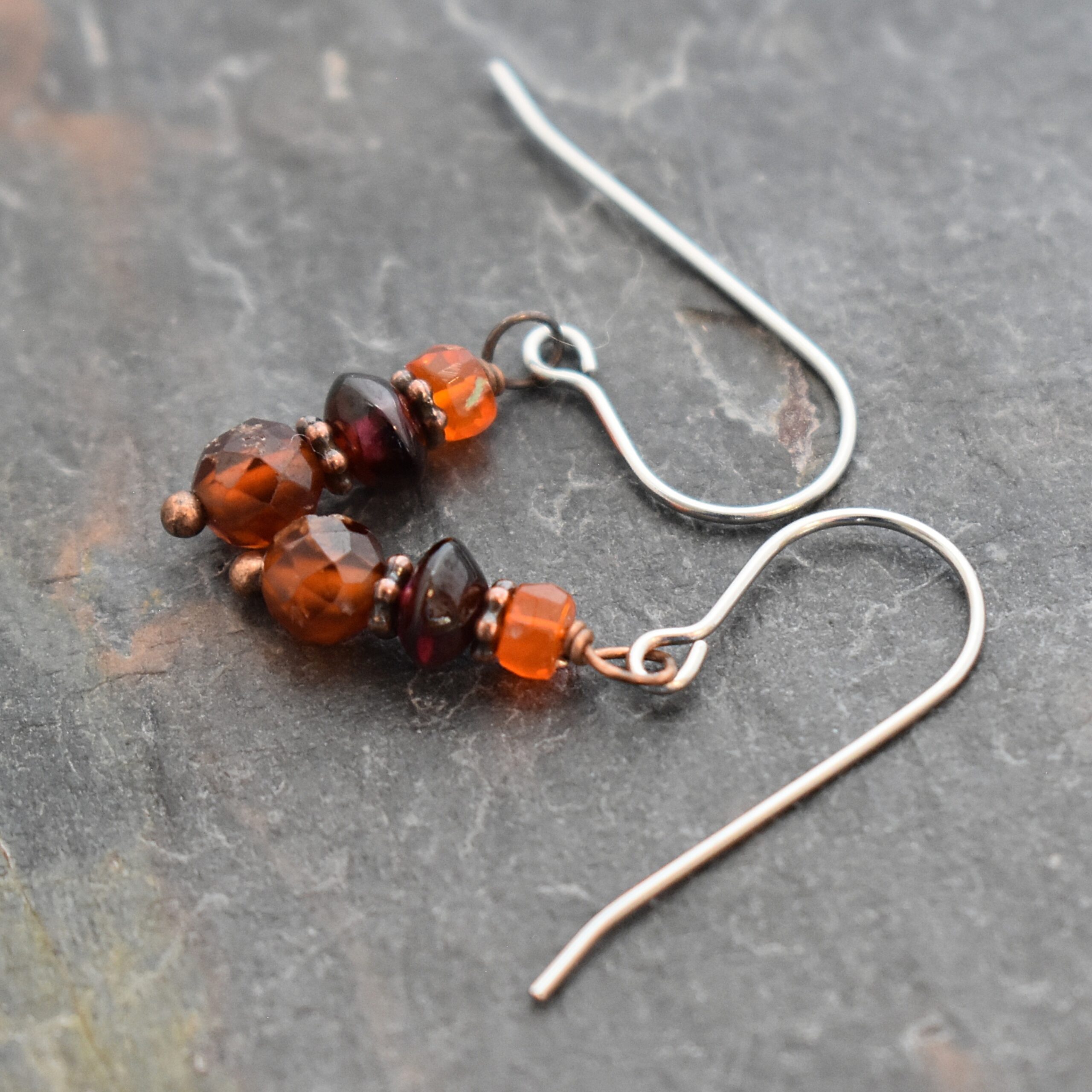 Orange Ethiopian Opal , Red and Hessonite Garnet Earrings