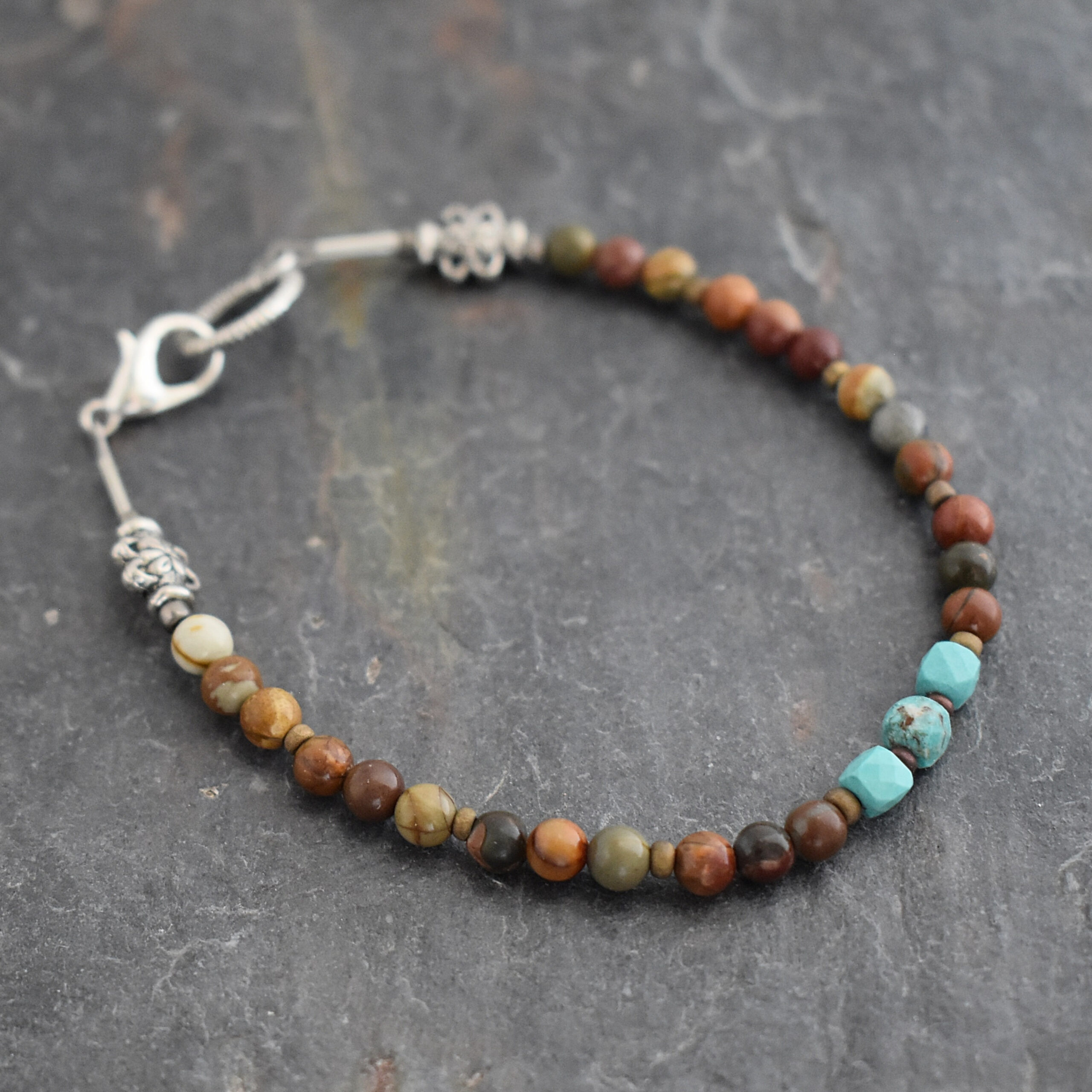 Beaded Cherry Creek Jasper & Turquoise Bracelet | Wild Hare Gems Handcrafted Cherry Creek Jasper and Turquoise gemstone beaded bracelet.