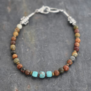 Handcrafted Cherry Creek Jasper and Turquoise gemstone beaded bracelet.