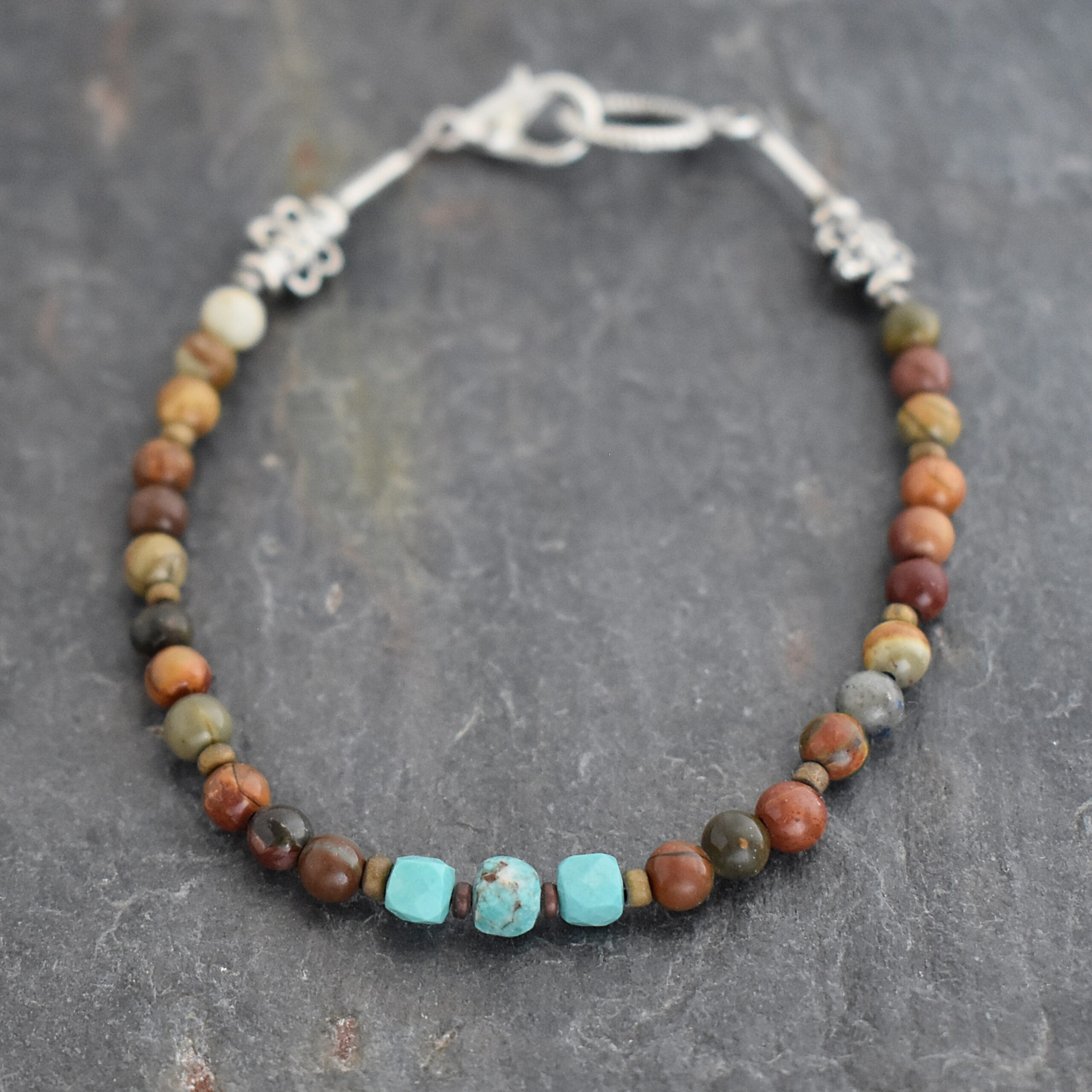 Beaded Cherry Creek Jasper & Turquoise Bracelet | Wild Hare Gems Discover the earthy elegance of our Cherry Creek Jasper and Turquoise beaded bracelet. Handcrafted in Colorado. Perfect for boho style & nature lovers. Shop now! Handcrafted Cherry Creek Jasper and Turquoise gemstone beaded bracelet.