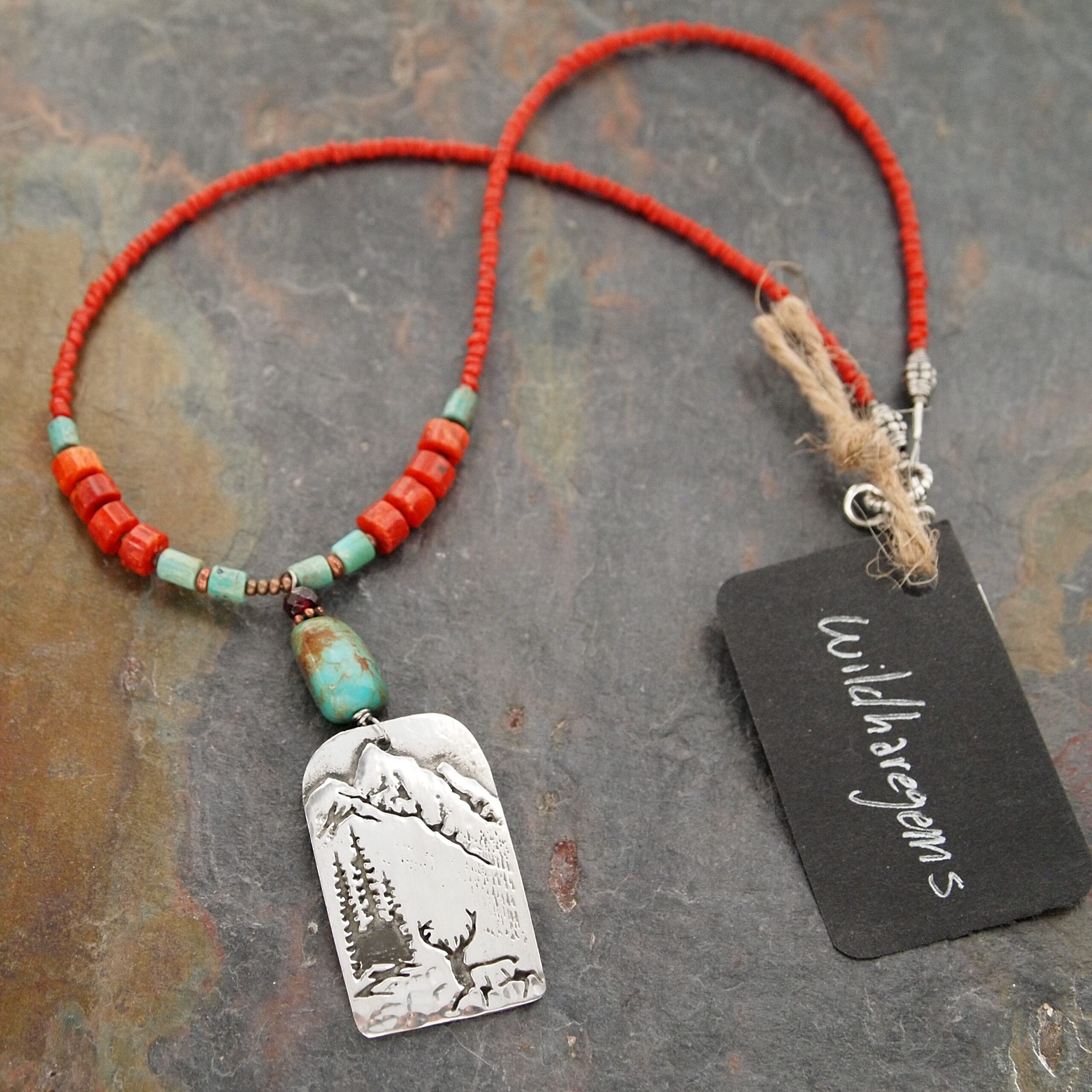 Beaded Red coral and turquoise and silver pewter mounaton and elk pendant Beaded Rocky mounatin elk necklace