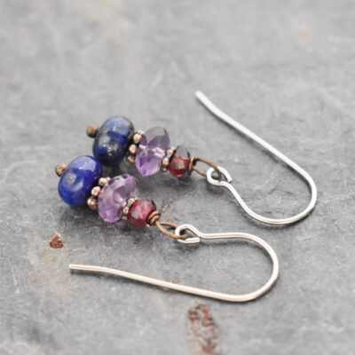 Handmade gemstone earrings with garnet, purple amethyst and blue lapis stone with copper spacers.