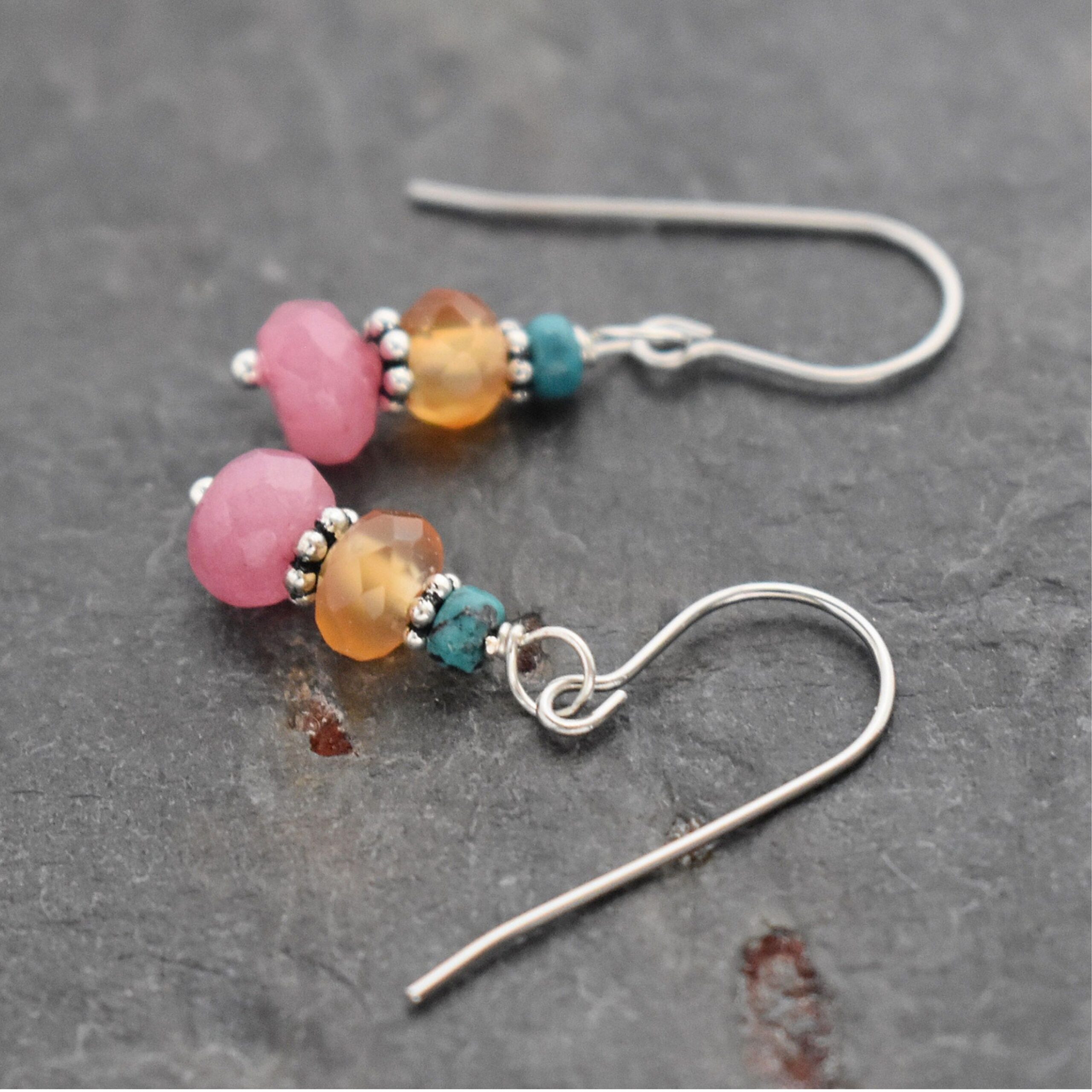 Turquoise, Carnelian, Pink Jade earrings Small gemstone earrings with turquoise, Orange carnelian and pink jade.