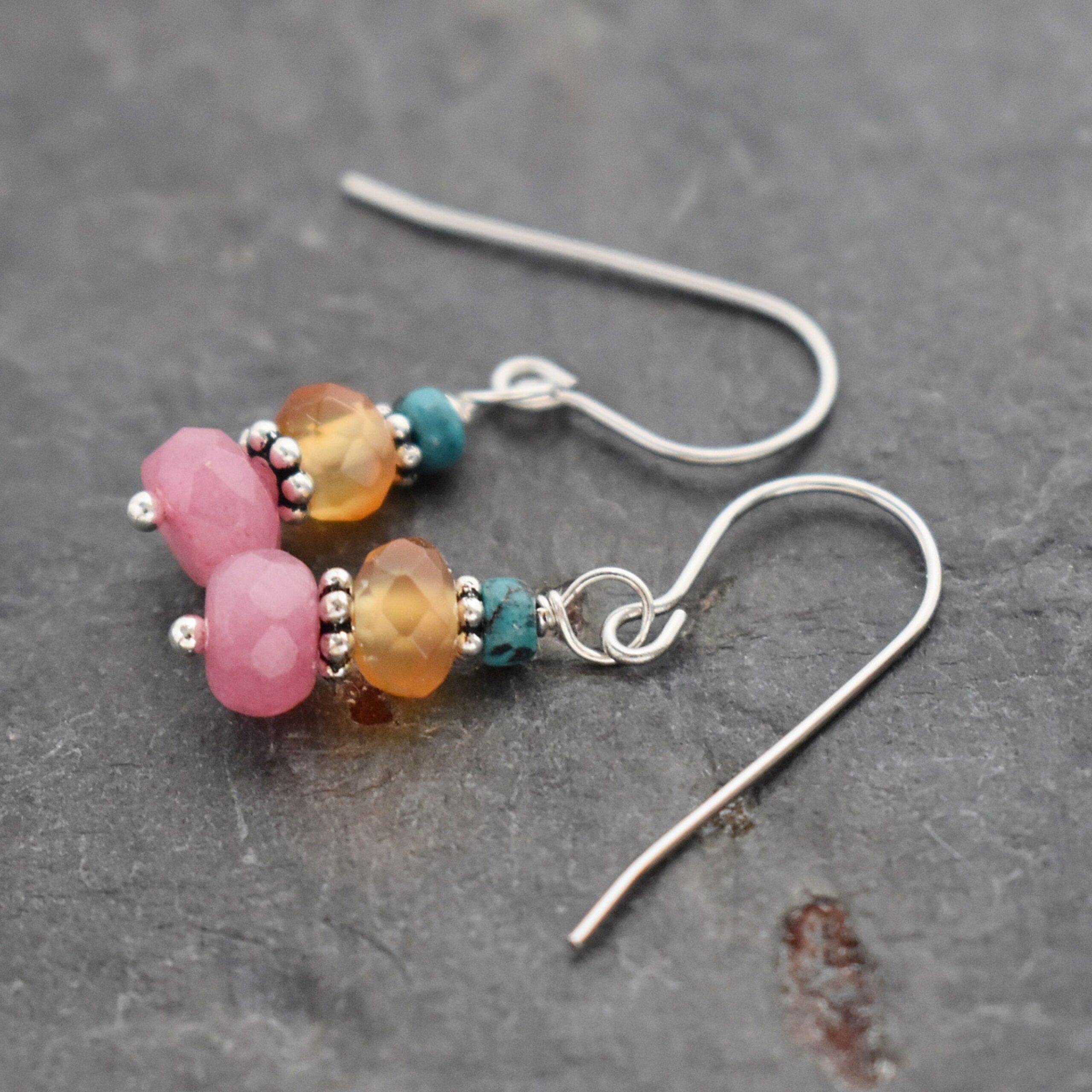 Small gemstone earrings with turquoise, Orange carnelian and pink jade. Small gemstone earrings with turquoise, Orange carnelian and pink jade.