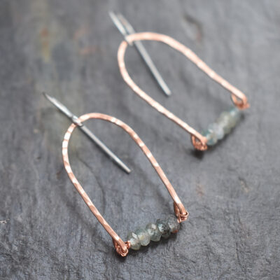 copper-rainbow-apatite-earrings-front.jpg Hand-forged copper rainbow apatite dangle earrings on Gray background