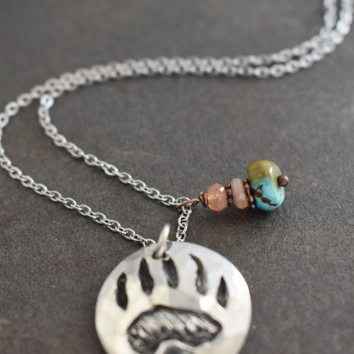 Sunstone and turquoise gemstone with bear print pendant Sunstone and turquoise gemstone with bear print pendant