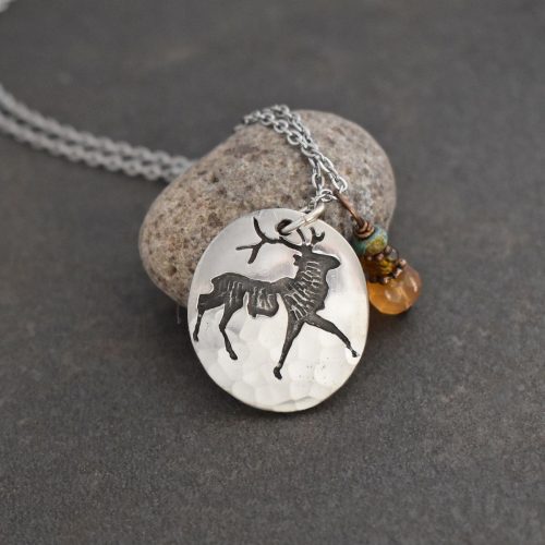 Walking Elk with fire opal silver oval with elk pendant with brown and orange gemstone charm