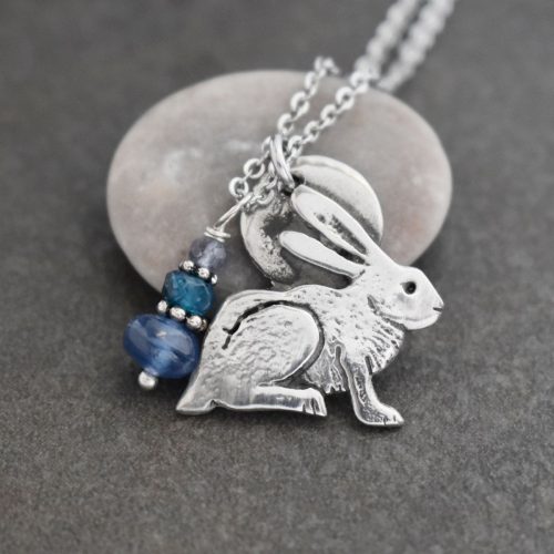 Rabbit Necklace with Kyanite silver rabbit pendant with blue gemstones