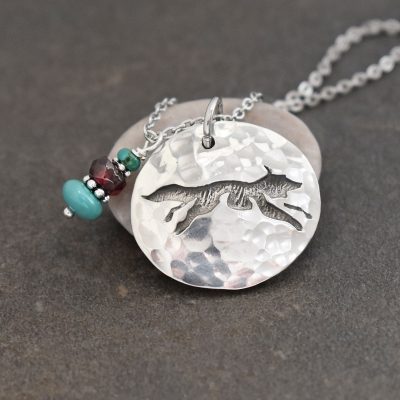 Fox Necklace with Turquoise Silver pendant with fox and gemstones
