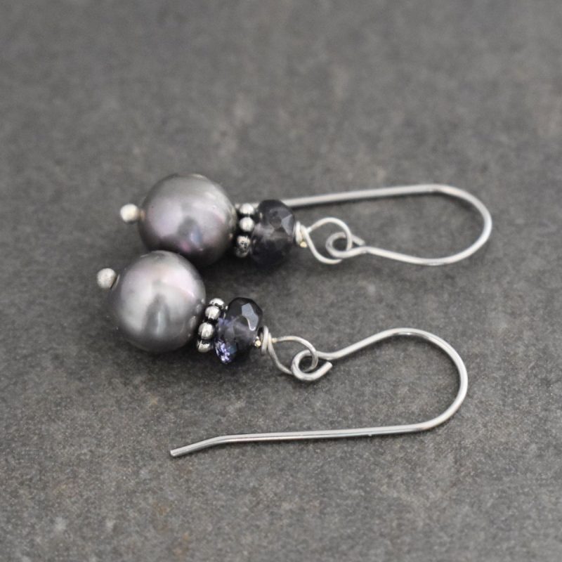 iolite and gray pearl earrings iolite and gray pearl earrings