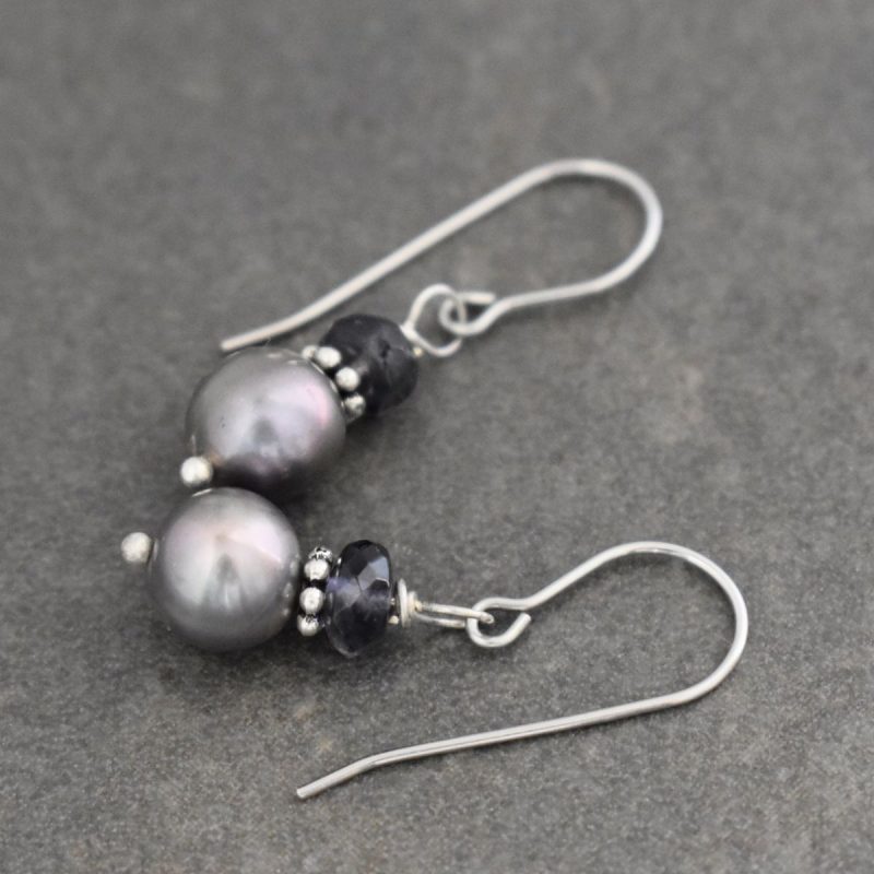 iolite and gray pearl earrings iolite and gray pearl earrings