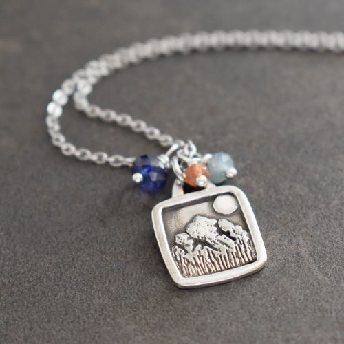 Silver Mountain Pendant with sapphires, aquamarine Silver Rocky Mountain Necklace