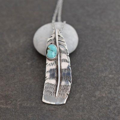 Silver turkey feather necklace Silver turkey feather necklace with turquoise