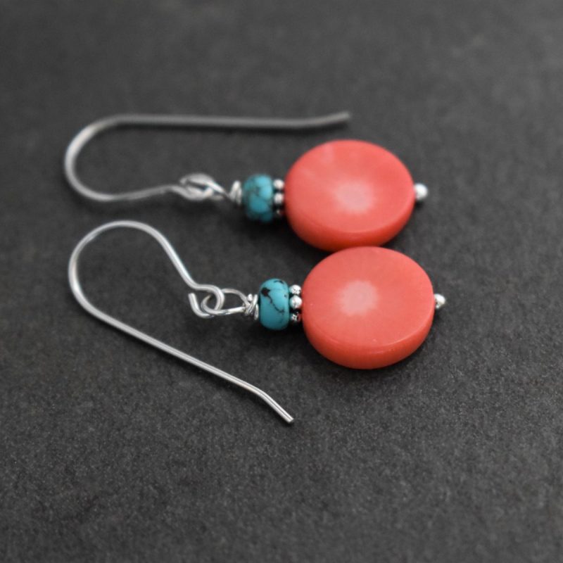 Small turquoise, pink coral coin earrings Turquoise & Pink Coral Coin Earrings